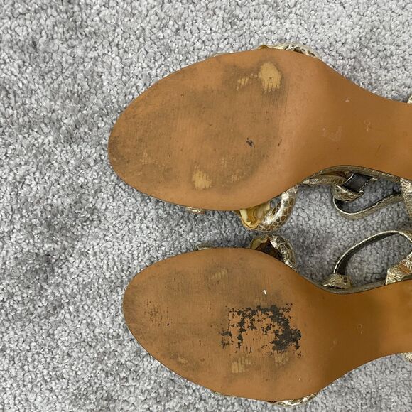 H&M Block Heels Sandals Womens 9 40 Gold Snake Skin Strappy Buckle Party Casual - Picture 10 of 12